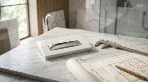 White and polished chrome dual-flush actuator plate resting on a marble countertop beside architectural blueprints, a vernier caliper, and a pencil