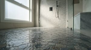 Water streaming from an overhead shower onto a curbless walk-in shower floor lined with dark textured hexagon mosaic tiles beside a frameless glass screen
