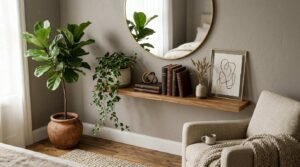 Floating oak shelf styled with trailing ivy, vintage books, brass knot, and abstract art beneath a round brass mirror beside a potted fiddle-leaf fig in an earthy bedroom corner