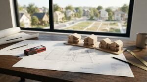 Timber scale model houses and architectural blueprints with a digital laser distance meter, drafting pencils, and brass ruler on a wooden workstation overlooking a residential subdivision under development