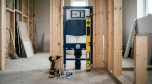 Concealed in-wall toilet cistern and blue steel carrier frame being leveled with a yellow spirit level inside timber stud framing during rough-in plumbing