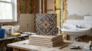 Hand-painted cobalt blue, ochre, and cream Majolica ornamental ceramic tile displayed upright on a stack of unglazed bisque tiles on a carpenter's workbench during an active bathroom renovation
