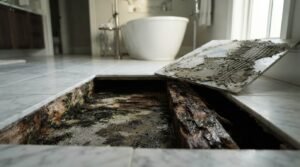 Lifted marble floor tile showing dried thin-set ridges and revealing severely rotted subfloor wood, dark water damage, and black mold colonies beneath
