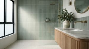 Vertical stack sage green subway tiles in a walk-in shower paired with a fluted wood vanity, white marble top, brushed brass wall faucet, and round gold mirror