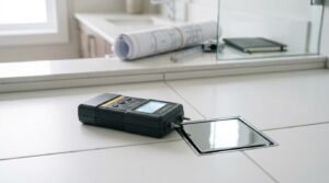 Digital pin-type moisture meter resting on white floor tiles next to a square chrome floor waste drain during a bathroom inspection