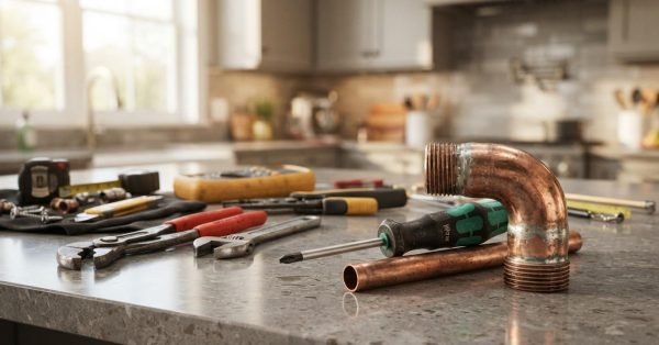 Close-up of plumbing tools on a modern kitchen countertop, including copper pipe fittings, pliers, adjustable wrench, screwdriver, tape measure, and repair supplies ready for a residential plumbing installation.