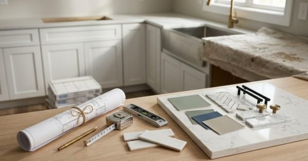 Kitchen renovation planning board with material samples, cabinet hardware, blueprints, and partially installed cabinetry.