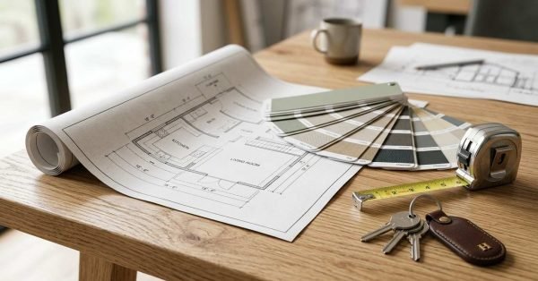 Blueprint with color samples, tape measure, and house keys.