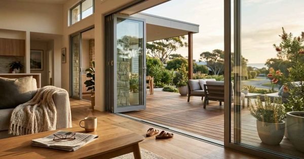 Modern home with open bi-fold doors connecting a bright living room to a spacious outdoor deck.