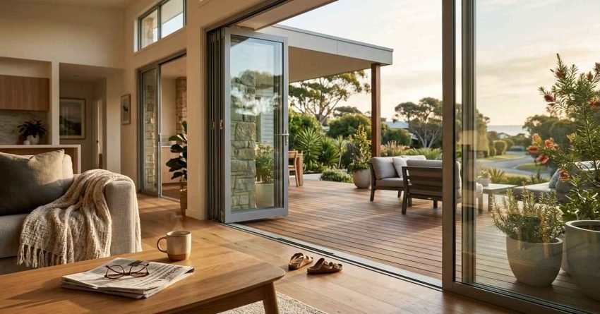 Modern home with open bi-fold doors connecting a bright living room to a spacious outdoor deck.