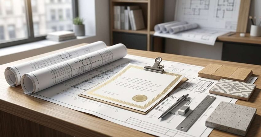 Renovation plans, permit documents, and material samples arranged on an architect's desk for project planning.