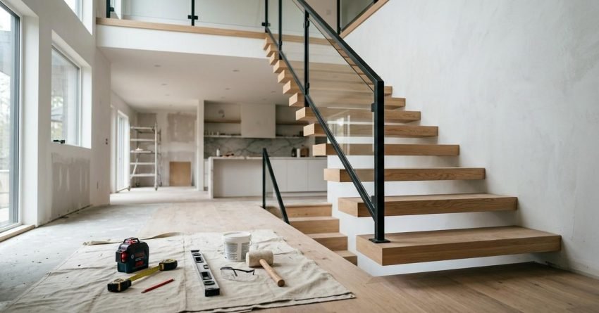 Modern home under renovation with floating wood staircase, open-concept living area, and construction tools.