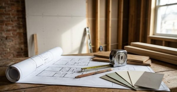 Renovation blueprints, tape measure, and material samples on a workbench.
