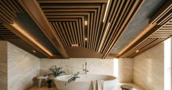 Luxury bathroom with decorative wood slat ceiling, LED lighting, and freestanding soaking tub.