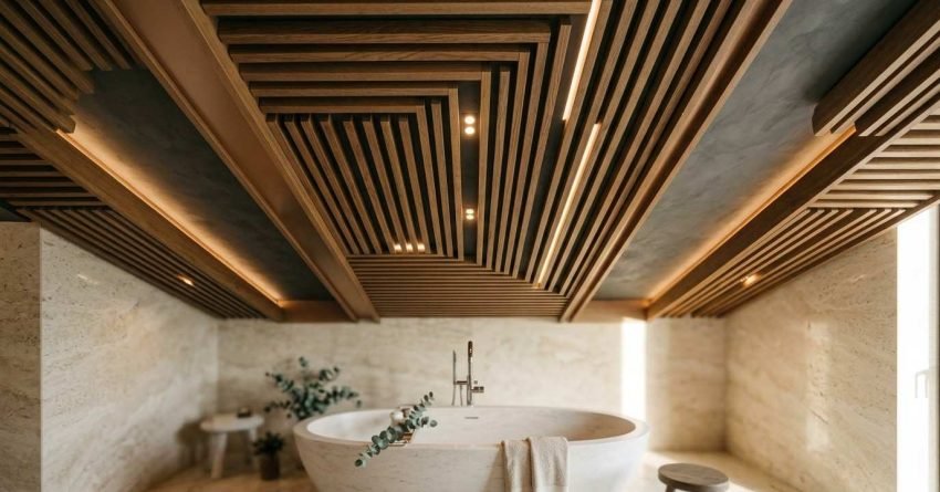 Luxury bathroom with decorative wood slat ceiling, LED lighting, and freestanding soaking tub.