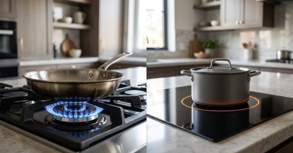 Gas vs induction cooktop comparison in a modern kitchen.