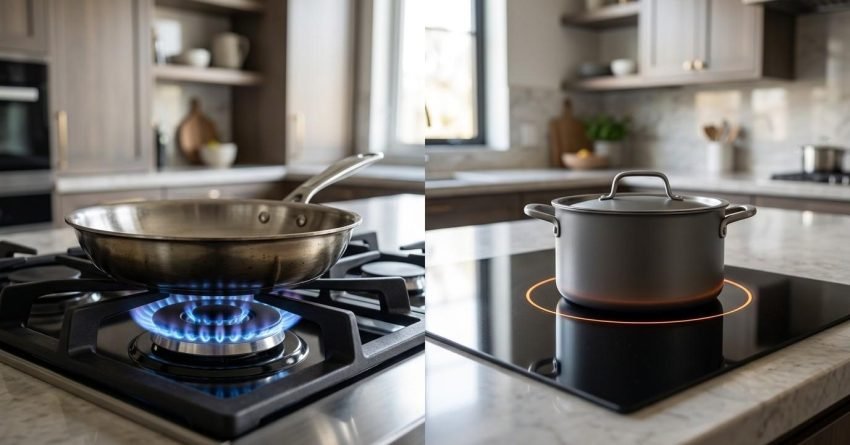 Gas vs induction cooktop comparison in a modern kitchen.
