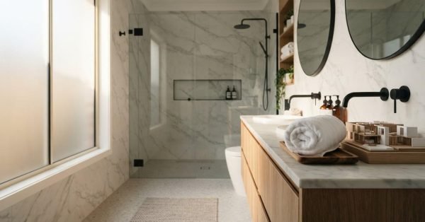 Modern ensuite bathroom with a frameless walk-in shower, double vanity, marble walls, and black fixtures.