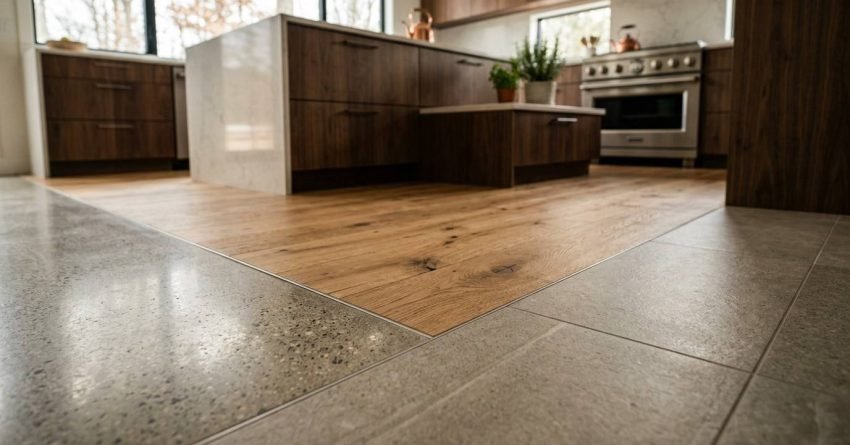 Kitchen flooring comparison featuring porcelain tile and hardwood flooring in a modern kitchen.