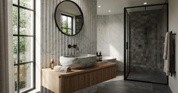 Modern luxury bathroom with a floating timber vanity, stone vessel sink, round mirror, marble walls, and a frameless glass walk-in shower.