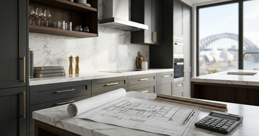 Modern Sydney kitchen renovation with marble countertops, custom cabinetry, renovation plans, and cost calculator.