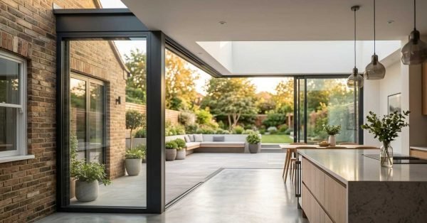 Modern ground floor home extension with open-plan kitchen, large sliding glass doors, and landscaped garden.
