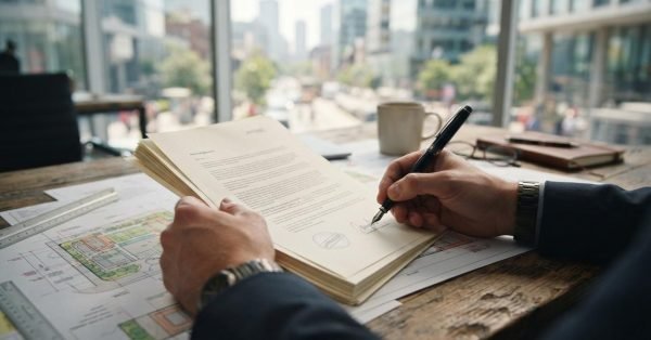 Person signing development application approval documents over site plans at a desk in a modern office.