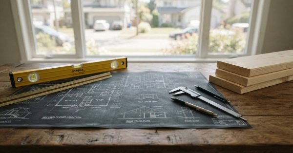 Architectural blueprint with measuring tools, timber samples, and construction materials on a workbench before a home renovation project.