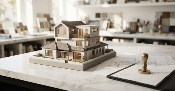 Architectural house model, blueprints, and approved planning documents displayed on a design studio desk.