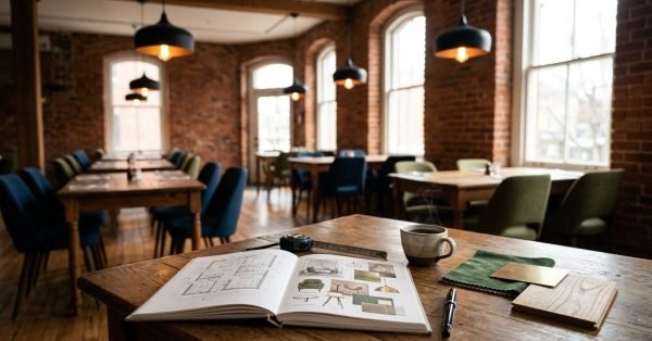 Restaurant fit-out plans, material samples, and design notebook in a dining space.