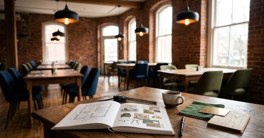 Restaurant fit-out plans, material samples, and design notebook in a dining space.