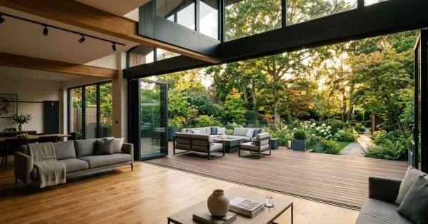 Modern home extension with seamless indoor-outdoor living space, large glass doors, timber decking, and landscaped garden.
