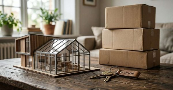 Home extension model with house keys and moving boxes on a wooden table.