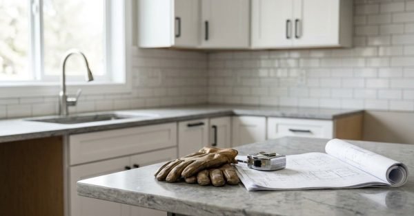 Kitchen renovation plans, measuring tape, and work gloves on a countertop in a newly remodeled kitchen.