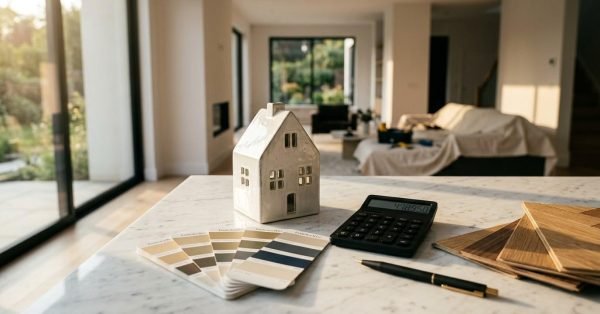 House model, paint color swatches, calculator, flooring samples, and renovation planning tools on a countertop inside a modern home, representing home remodeling budget planning.