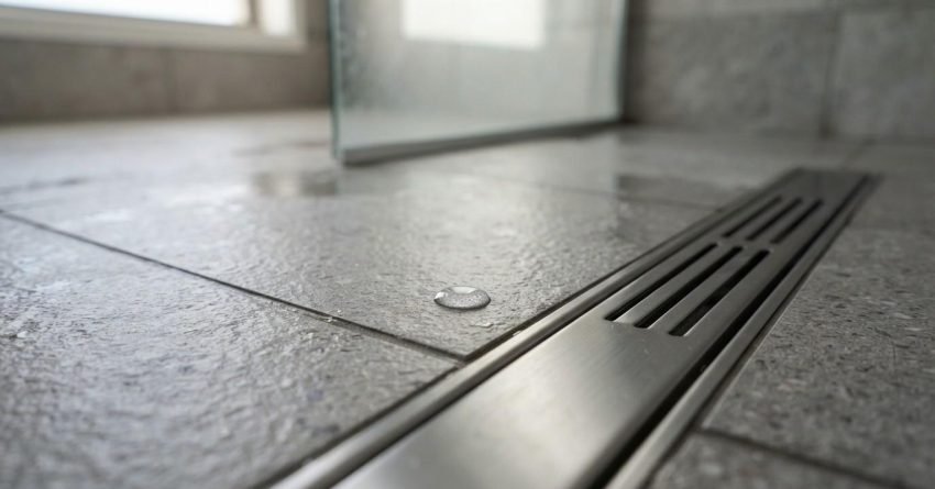 Modern linear shower drain on a waterproof tiled bathroom floor.
