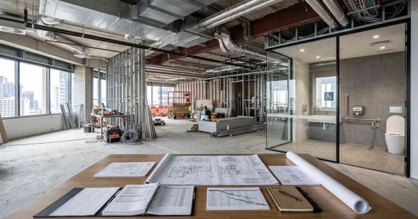 Commercial office renovation in progress with exposed mechanical systems, metal framing, construction plans, and accessible restroom installation underway