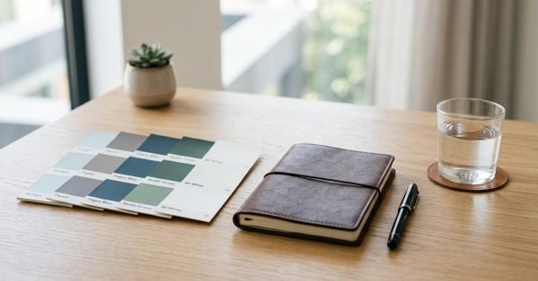 Color palette samples, notebook, and pen arranged on a clean wooden workspace.