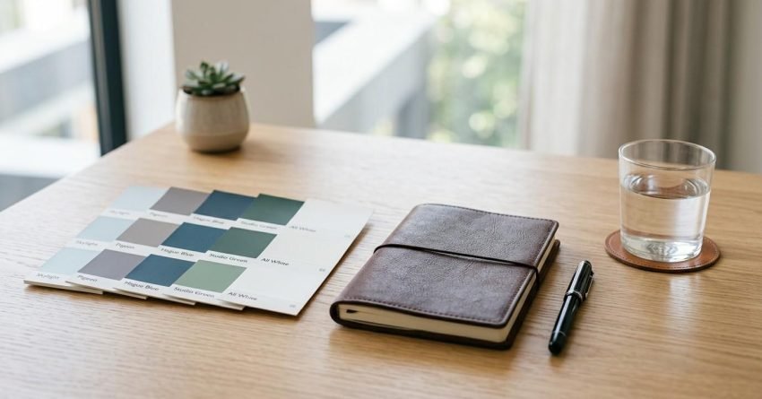 Color palette samples, notebook, and pen arranged on a clean wooden workspace.