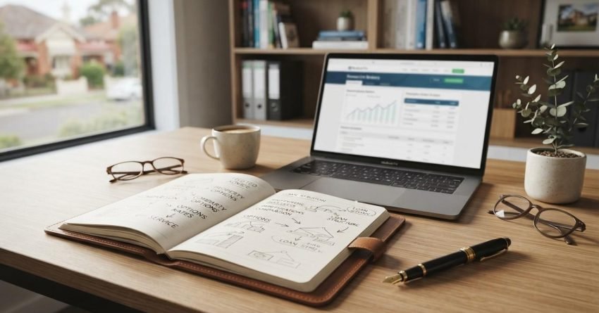 Home renovation financing workspace with a laptop displaying financial data, mortgage planning notes, and budgeting materials for renovation loan planning.