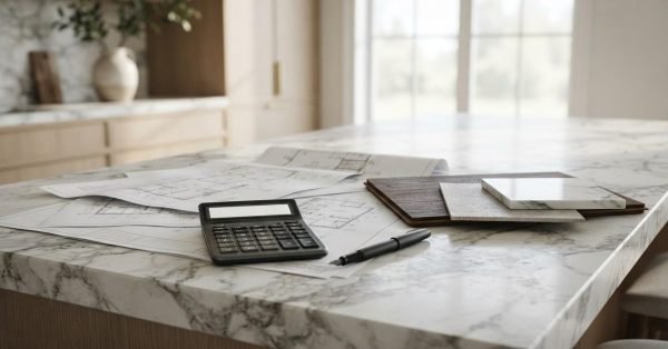 Kitchen renovation planning workspace featuring blueprints, a calculator, material samples, and budgeting tools on a marble island countertop for remodeling cost estimation.