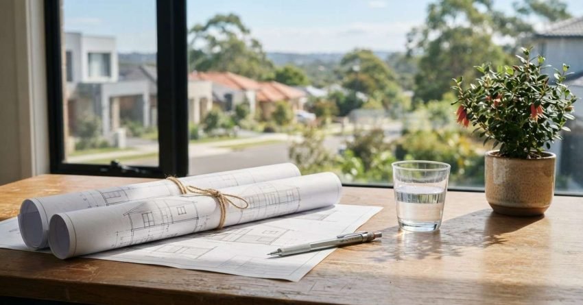 Residential home design blueprints, architectural plans, and a mechanical pencil on a wooden table beside a glass of water and potted plant, representing home renovation planning and custom house design.