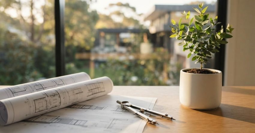 Rolled architectural blueprints and a drafting compass on a wooden table beside a potted plant, showcasing residential home renovation planning, architectural design, and custom home building preparation.