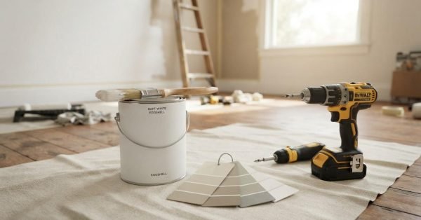 Paint can with brush, cordless drill, color swatches, and renovation tools in a room under renovation, illustrating beginner home renovation planning, interior painting, and DIY remodeling preparation.