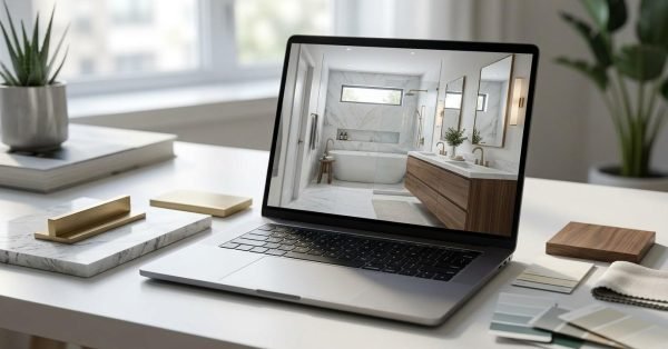 Bathroom renovation planning with 3D design software, material samples, fixture selections, and digital visualization tools used to create and refine a custom bathroom remodel.