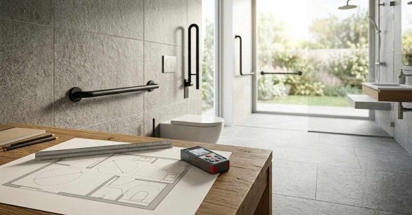 Accessible bathroom design with floor plan.