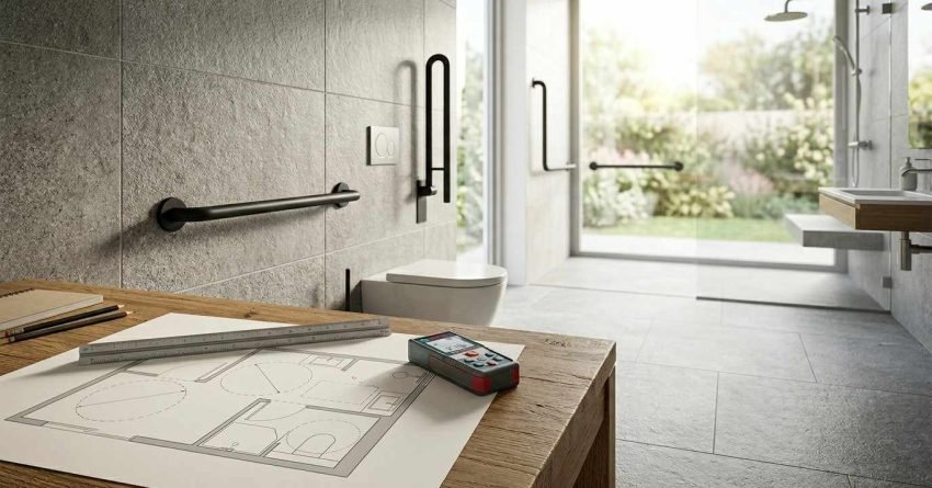 Accessible bathroom design with floor plan.