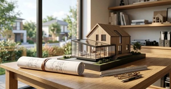 Architectural house extension model, rolled blueprints, and drafting tools on a wooden desk, representing residential home extension planning and architectural design.