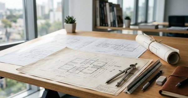 Building permit plans, zoning blueprints, ruler, compass, and drafting tools arranged on a modern architect's desk.