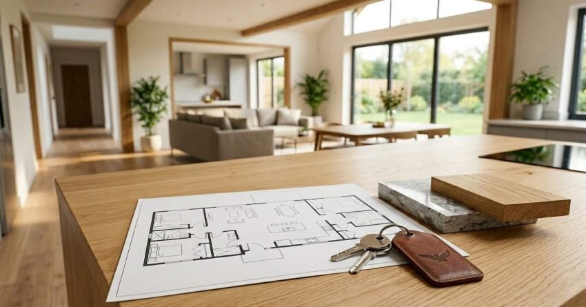 Modern home floor plan with house keys on a kitchen counter in a newly built open-concept living space.